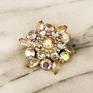 Vintage Aurora Borealis Cluster Crystal Brooch AB Gold Bridal Wedding Holiday St